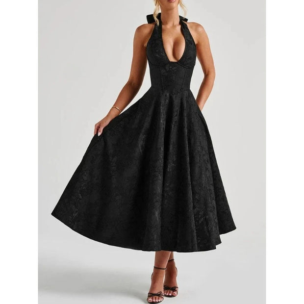 Women Halter V-neck Pleated Long Dress
