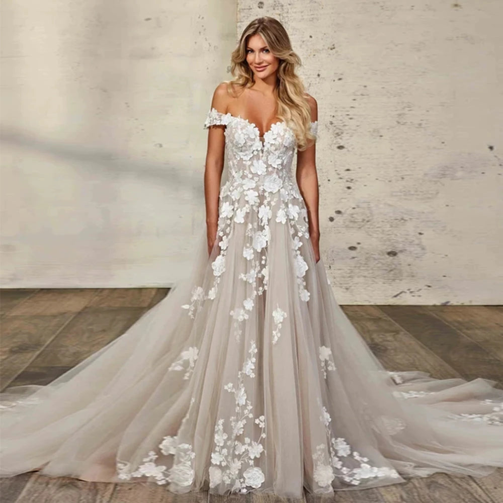 Champagne Off-Shoulder Wedding Dress