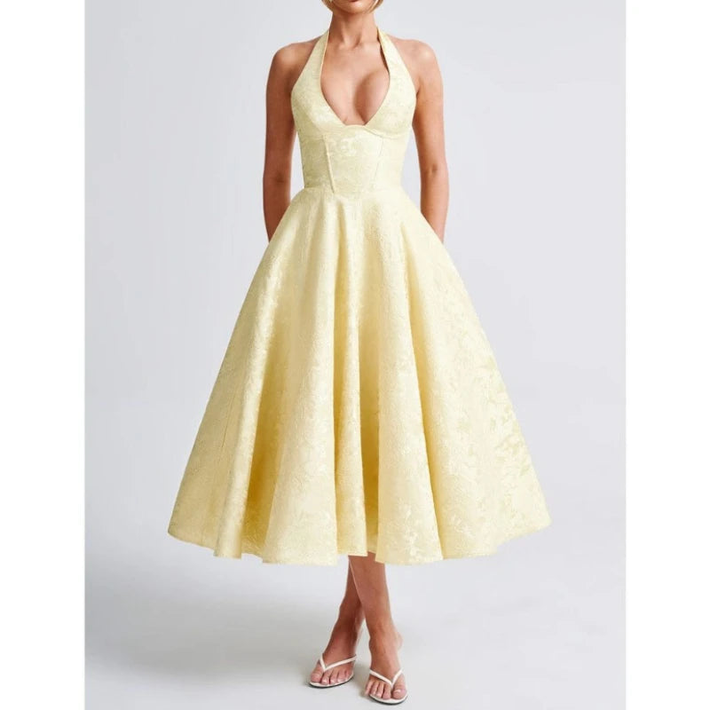 Women Halter V-neck Pleated Long Dress