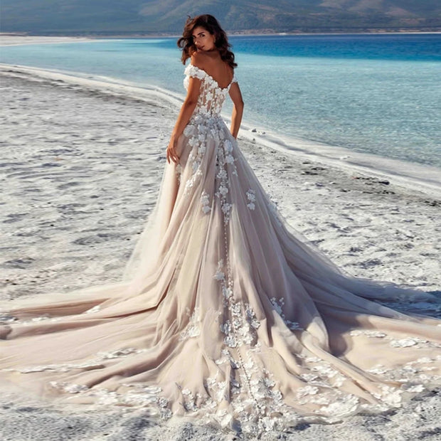 Champagne Off-Shoulder Wedding Dress