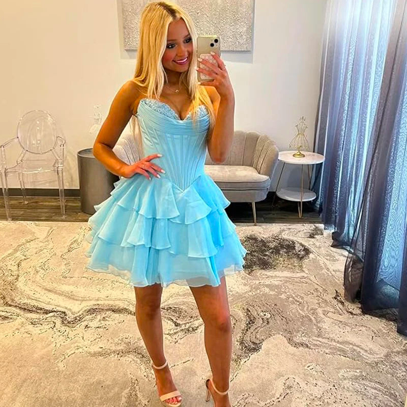 Strapless Boned Ruffle Chiffon Mini Ball Gown