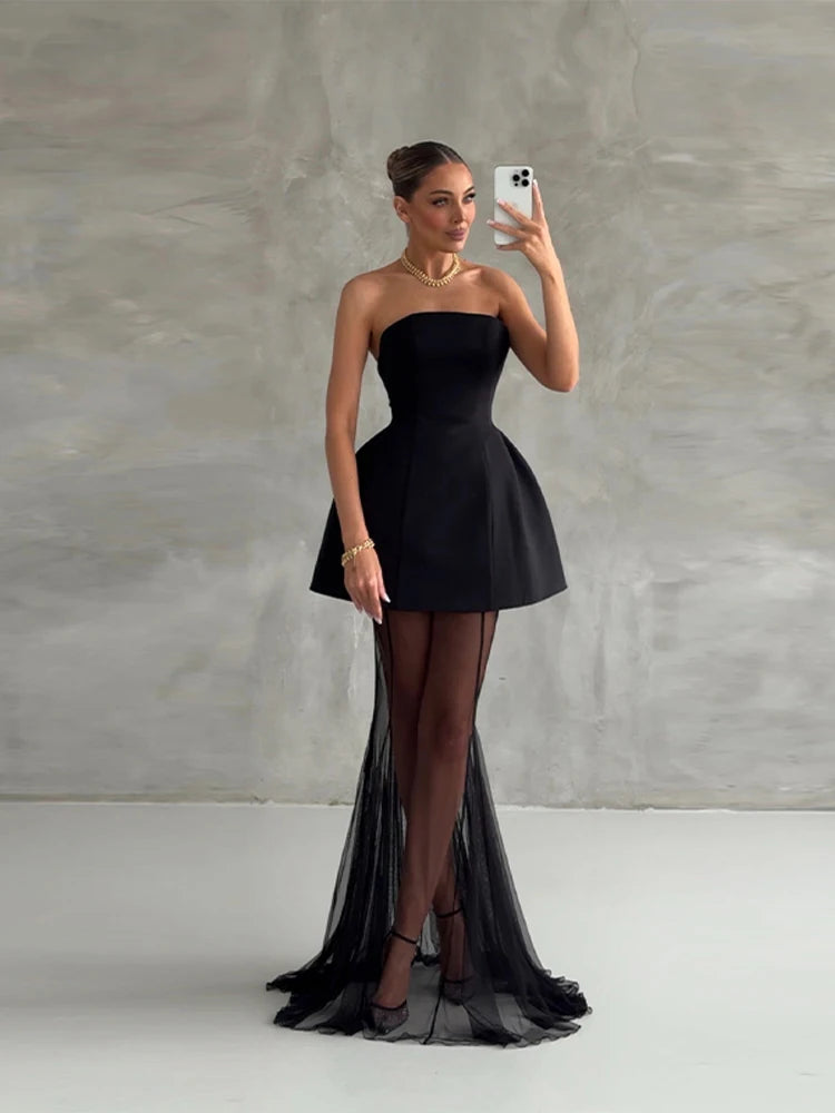 Elegant Sweetheart Sheer Ruffle Maxi Dress