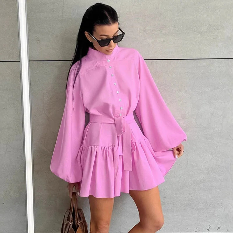 Women Single Breasted Lantern Sleeves Solid Pleated Dresses