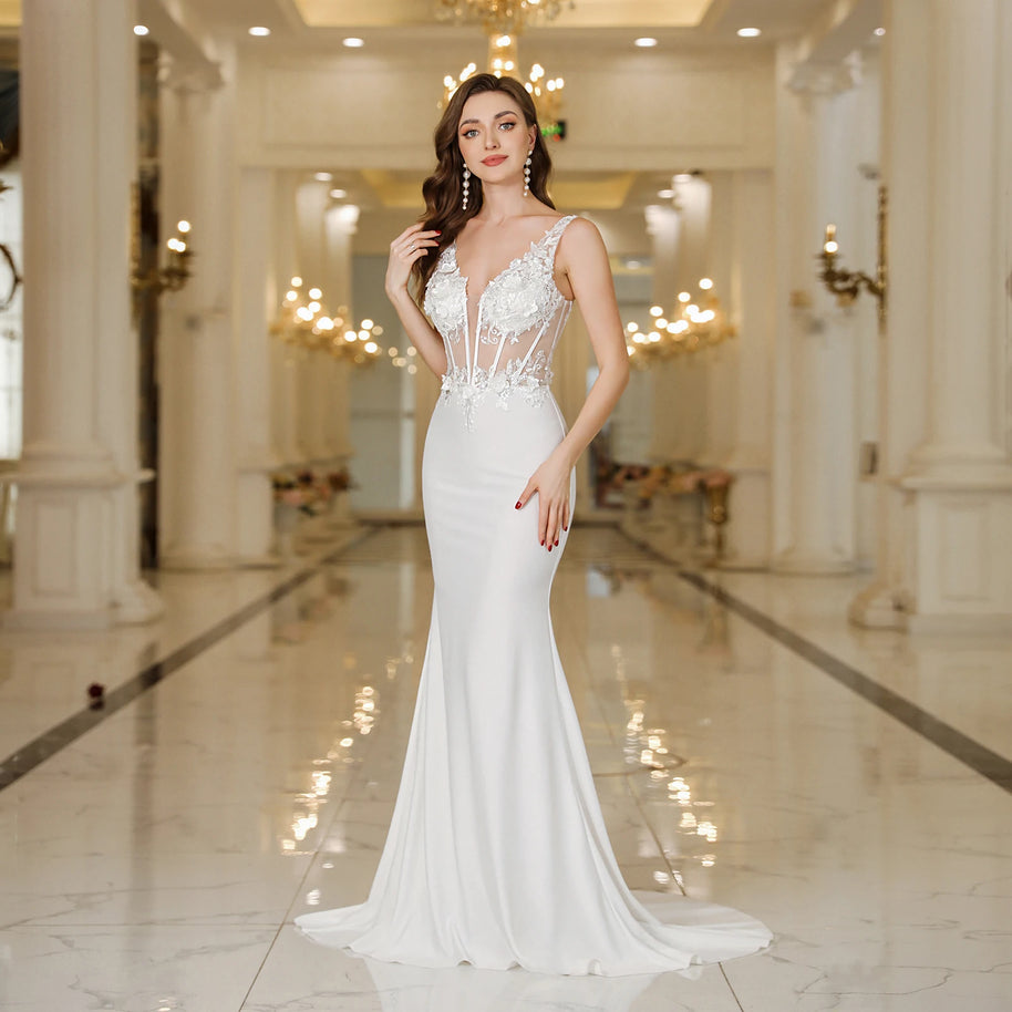 Elegant Straps White Mermaid Wedding Dresses