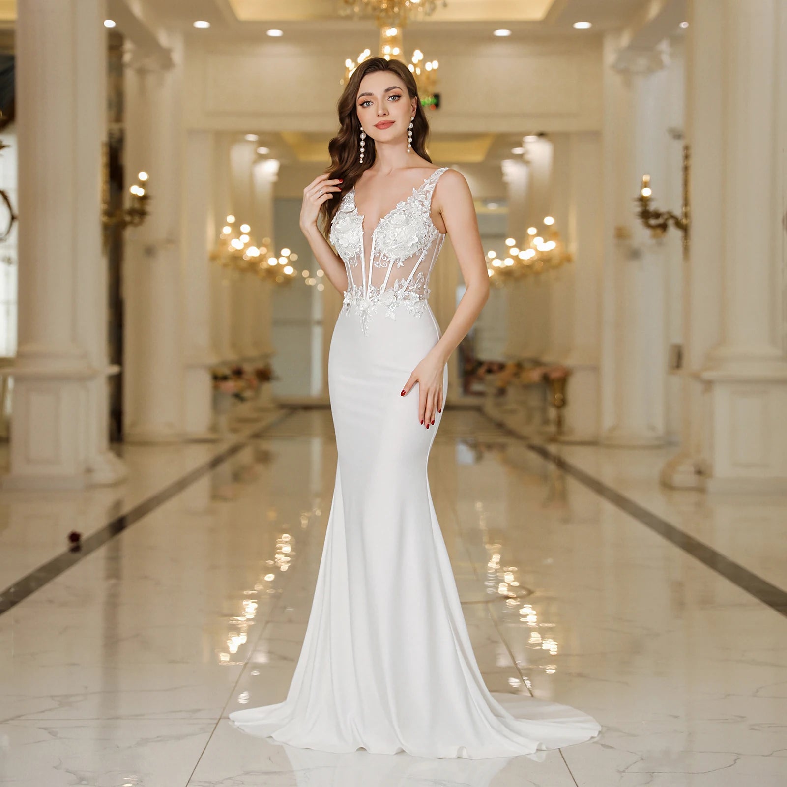 Elegant Straps White Mermaid Wedding Dresses
