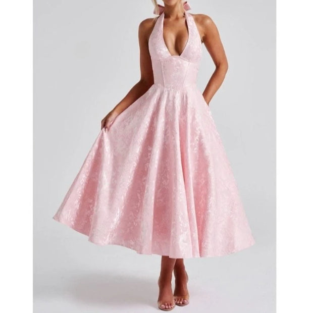 Women Halter V-neck Pleated Long Dress