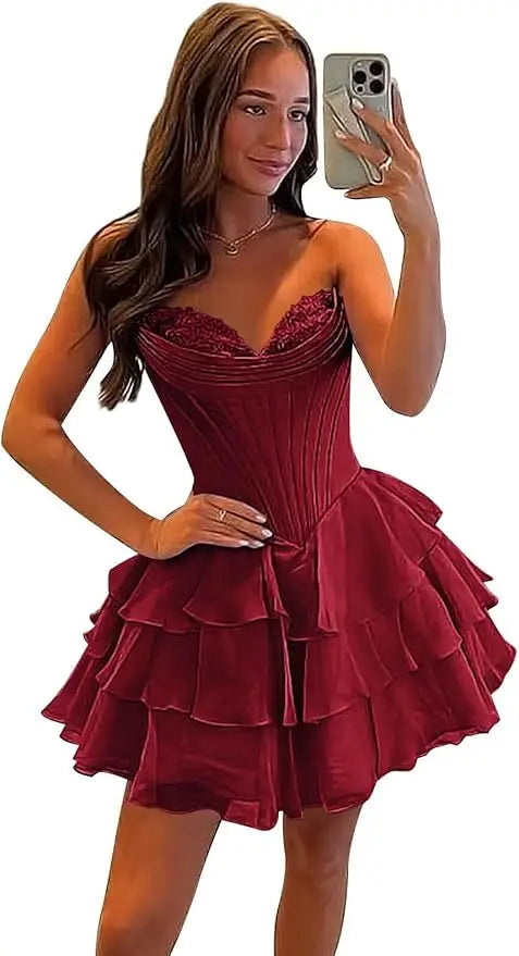 Strapless Boned Ruffle Chiffon Mini Ball Gown