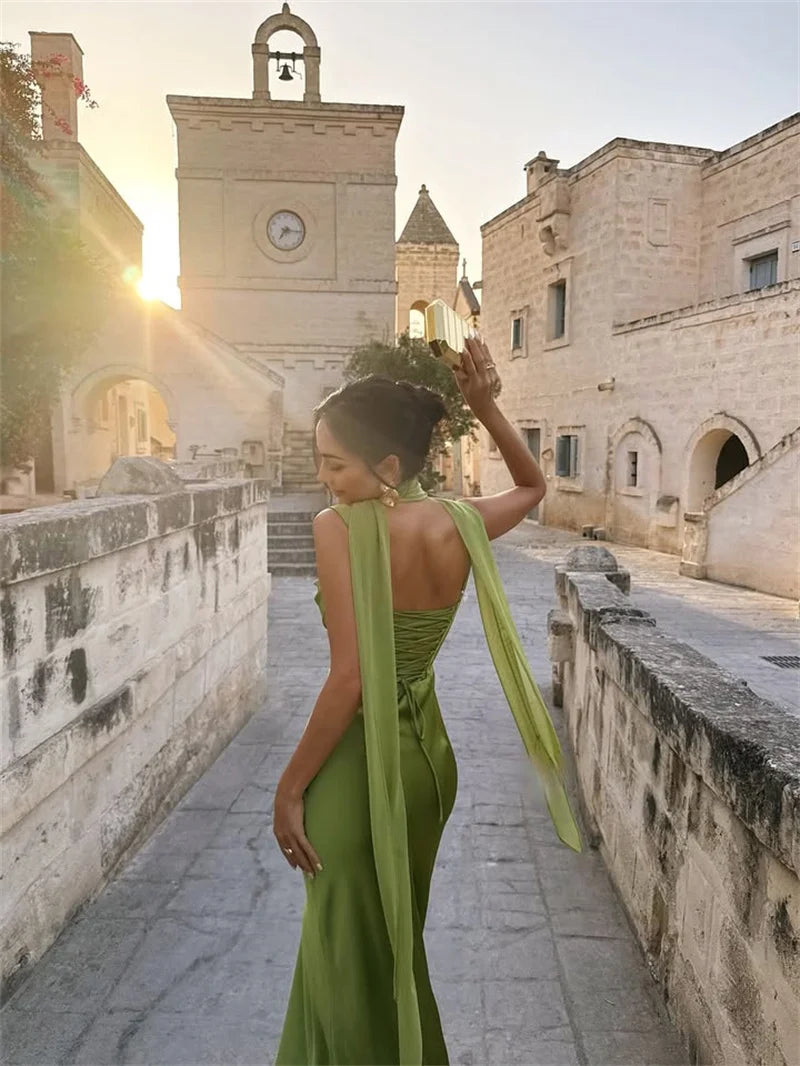 Satin Backless Square-Neck Party Dress