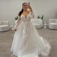 Long Bridal Dress with Applique & Puff Sleeves
