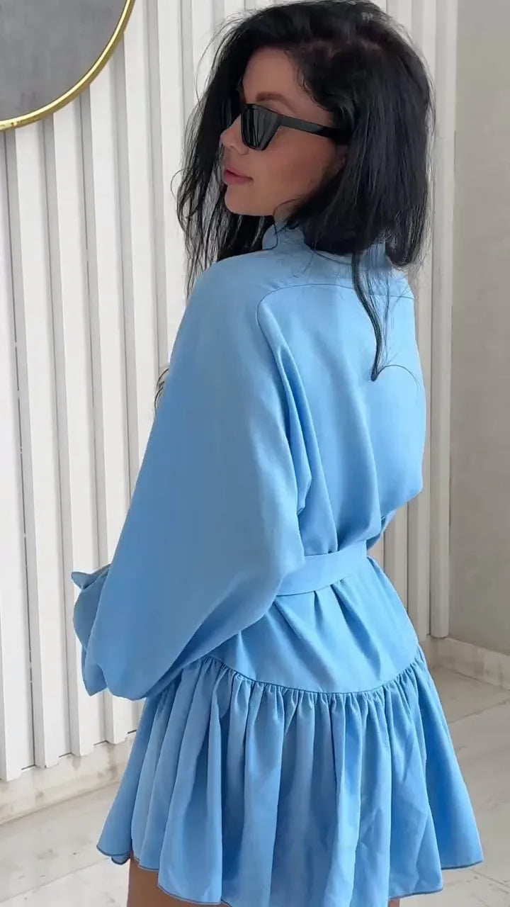 Women Single Breasted Lantern Sleeves Solid Pleated Dresses