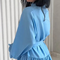Women Single Breasted Lantern Sleeves Solid Pleated Dresses