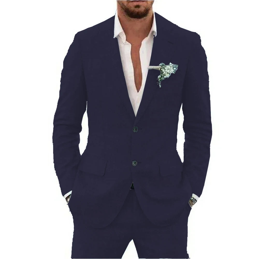 Men’s Casual Linen Slim-Fit Suit – 2-Piece Wedding Tuxedo