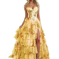 Floral Print Tiered Prom Dresses