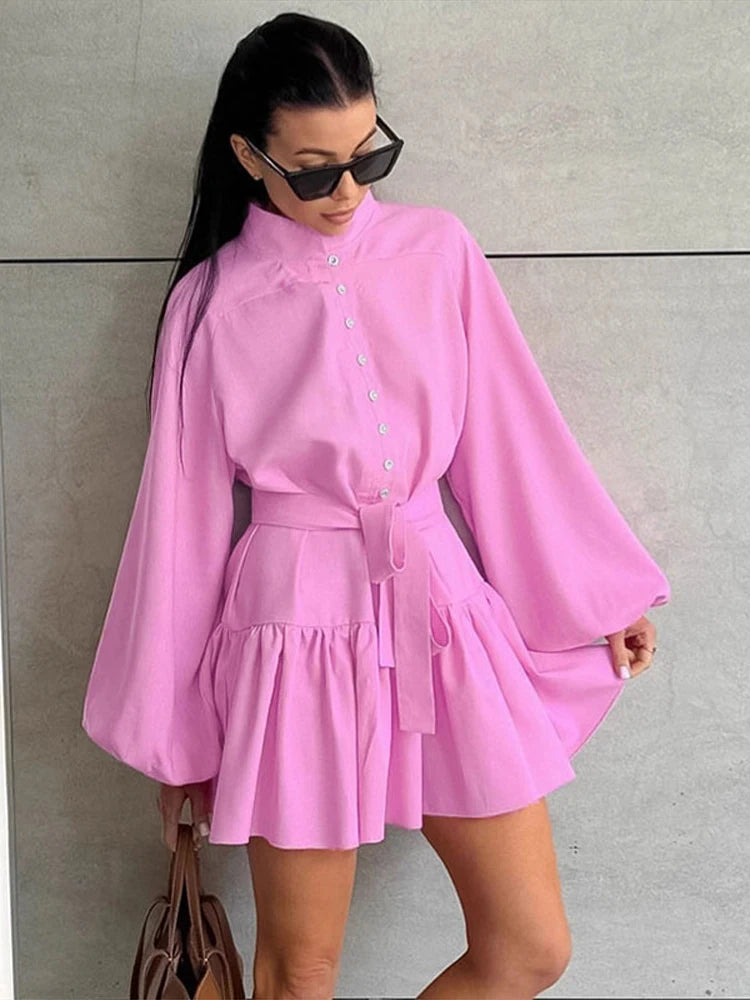 Women Single Breasted Lantern Sleeves Solid Pleated Dresses