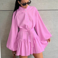 Women Single Breasted Lantern Sleeves Solid Pleated Dresses