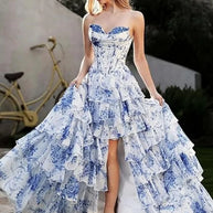 Floral Print Tiered Prom Dresses