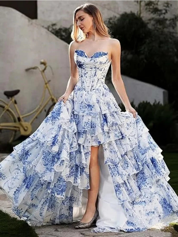Floral Print Tiered Prom Dresses