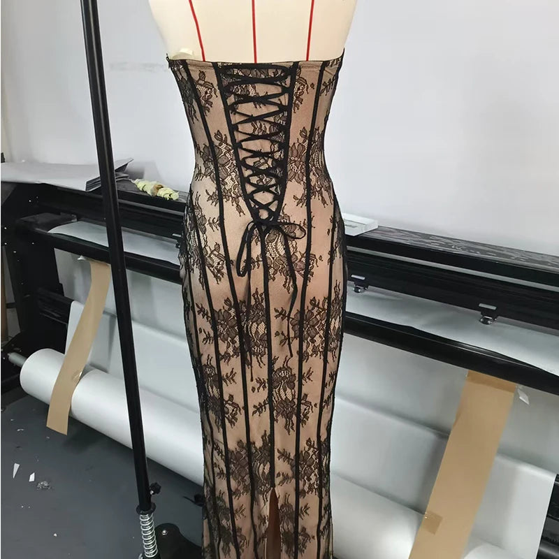 Strapless Vertical-Stripe Lace Midi Dress