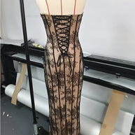 Strapless Vertical-Stripe Lace Midi Dress