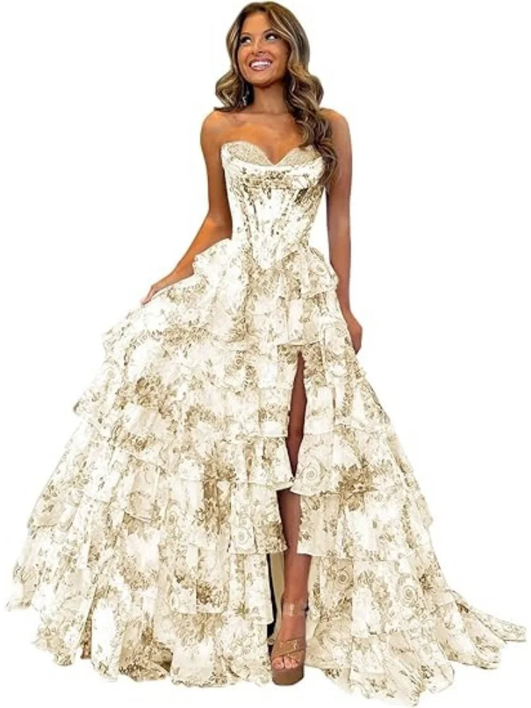 Floral Print Tiered Prom Dresses