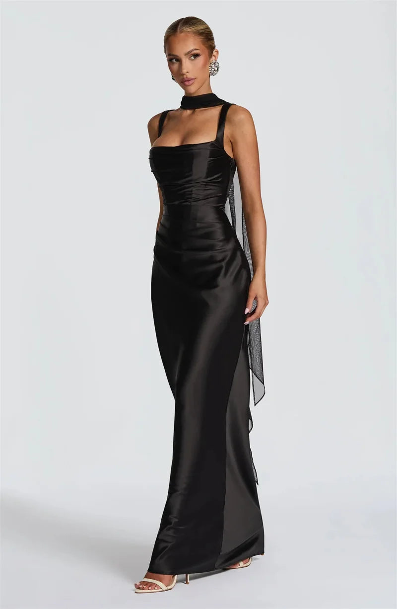 Satin Backless Square-Neck Party Dress