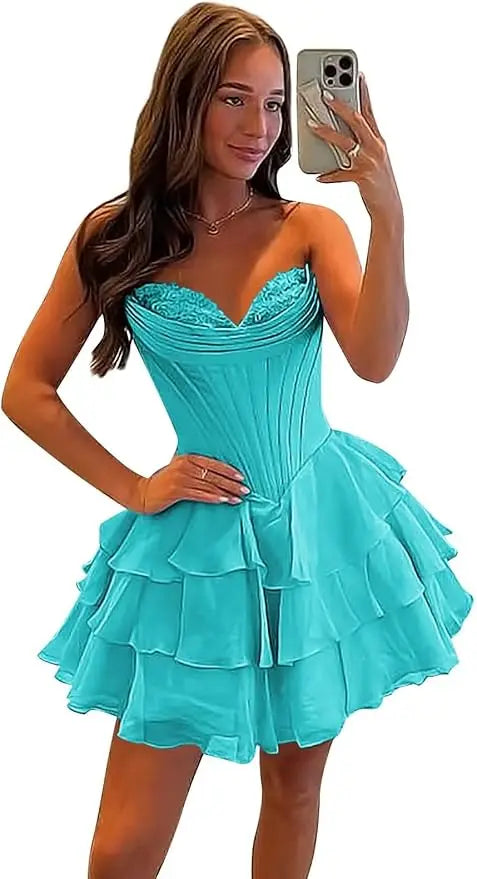 Strapless Boned Ruffle Chiffon Mini Ball Gown