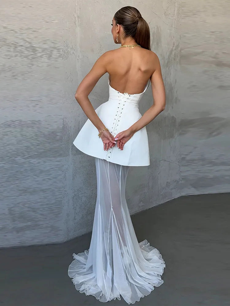 Elegant Sweetheart Sheer Ruffle Maxi Dress