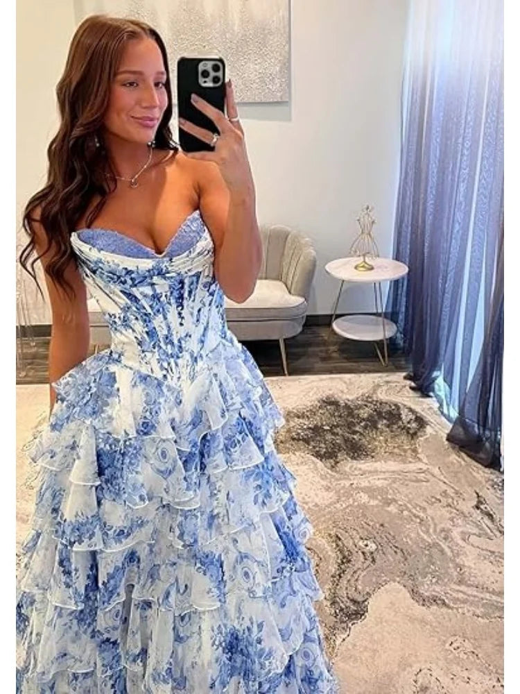 Floral Print Tiered Prom Dresses