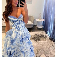 Floral Print Tiered Prom Dresses