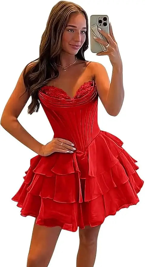 Strapless Boned Ruffle Chiffon Mini Ball Gown