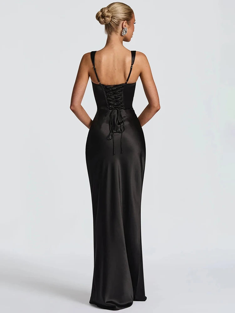 Satin Backless Square-Neck Party Dress