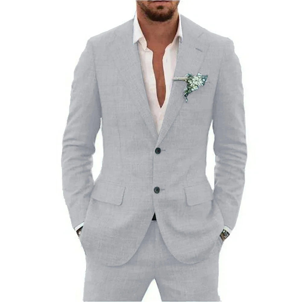 Men’s Casual Linen Slim-Fit Suit – 2-Piece Wedding Tuxedo