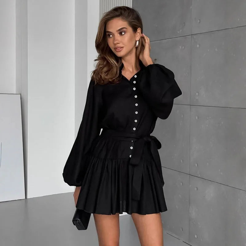 Women Single Breasted Lantern Sleeves Solid Pleated Dresses
