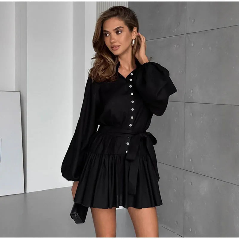 Women Single Breasted Lantern Sleeves Solid Pleated Dresses