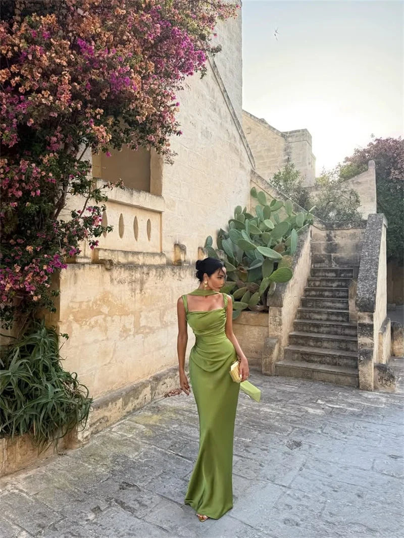 Satin Backless Square-Neck Party Dress