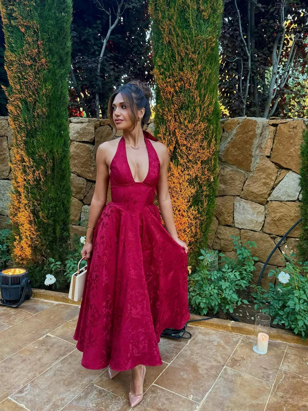 Women Halter V-neck Pleated Long Dress