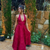 Women Halter V-neck Pleated Long Dress